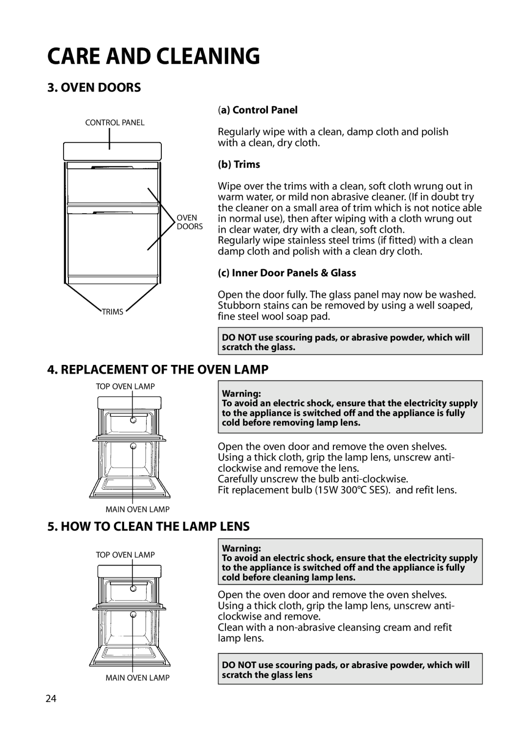 Hotpoint S230G DY230G manual Oven Doors, Replacement of the Oven Lamp, HOW to Clean the Lamp Lens 