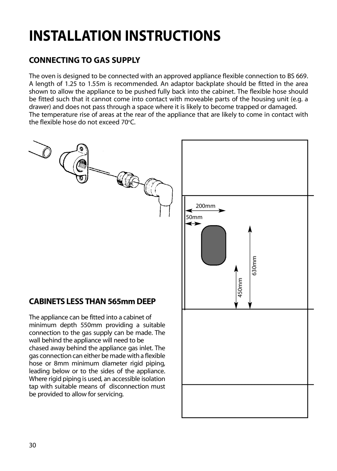 Hotpoint S230G DY230G manual Connecting to GAS Supply, Cabinets Less than 565mm Deep 