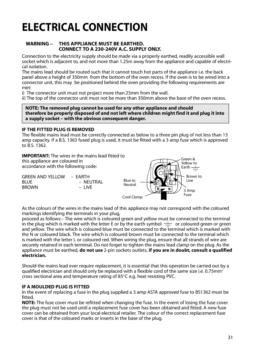 Hotpoint S230G DY230G manual Electrical Connection, Connect to a 230-240V A.C. Supply only 