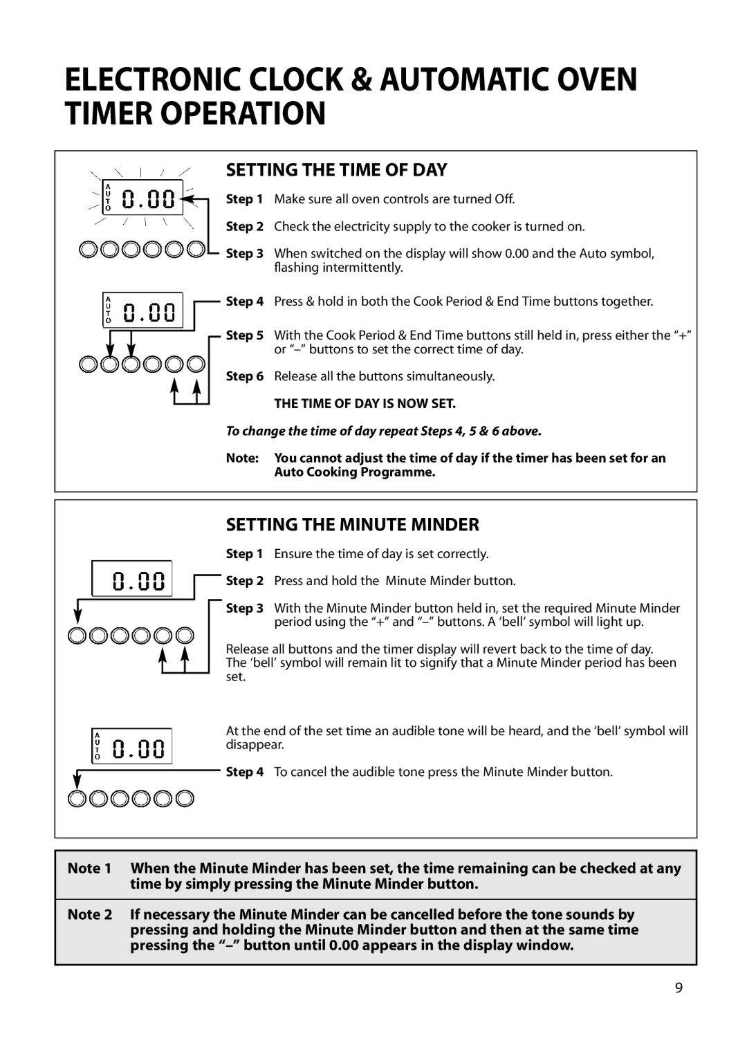 Hotpoint S230G DY230G manual Setting the Time of DAY, Setting the Minute Minder 