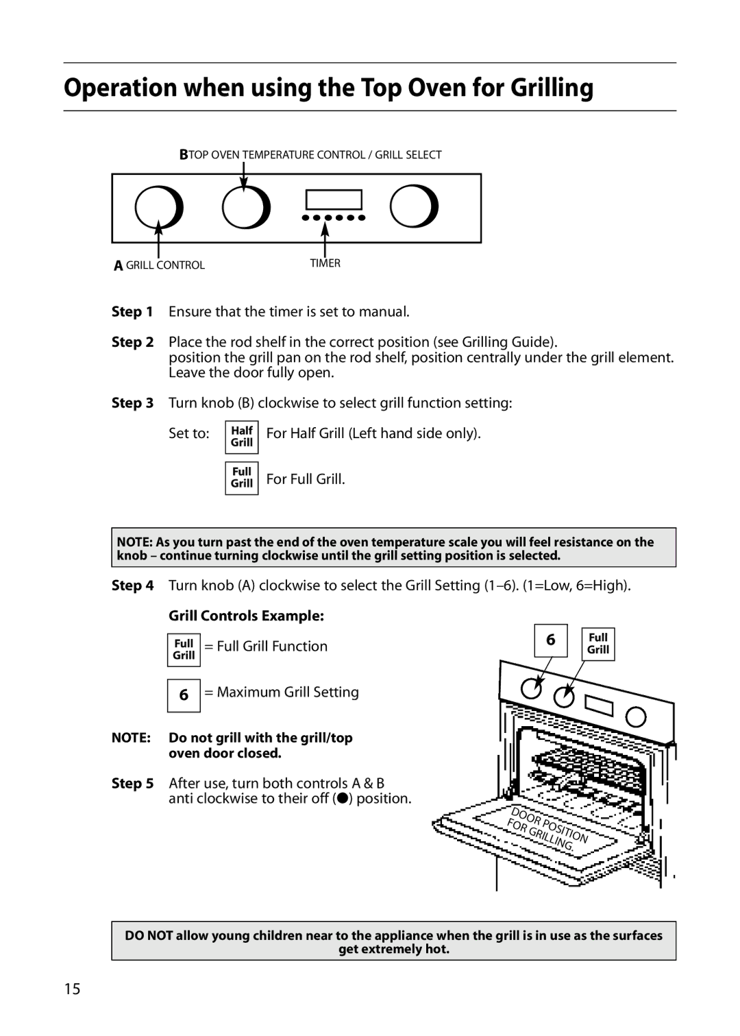 Hotpoint S420E manual Operation when using the Top Oven for Grilling, Grill Controls Example, = Full Grill Function 