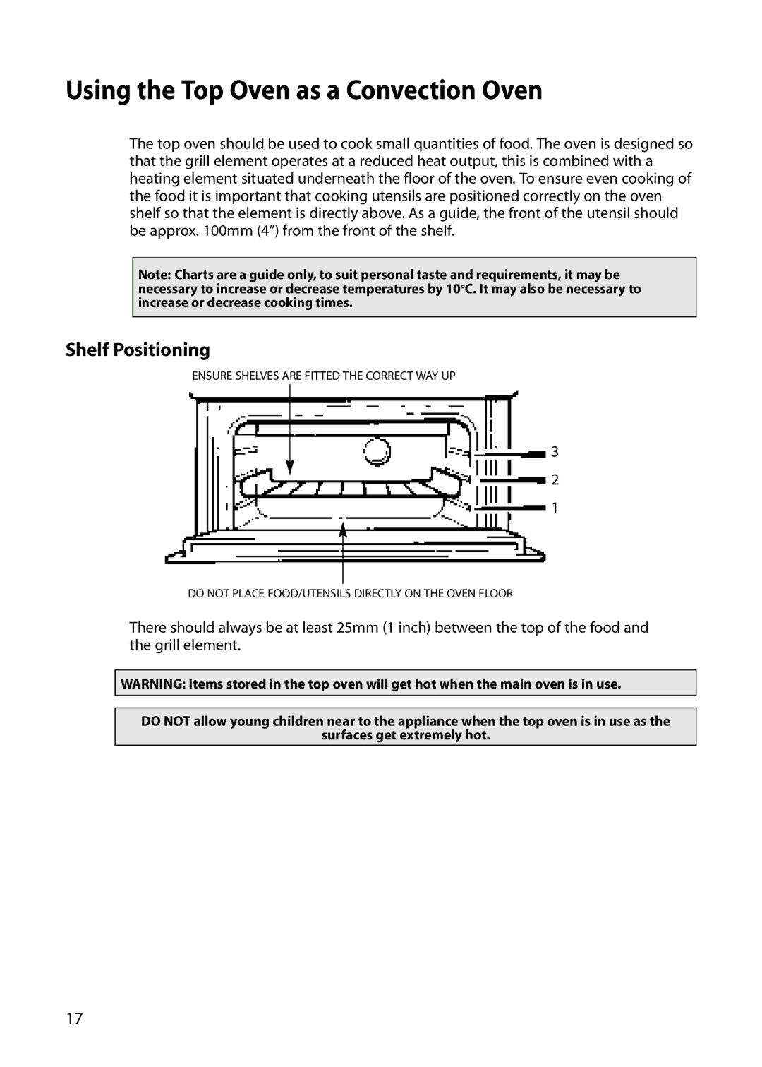 Hotpoint S420E manual Using the Top Oven as a Convection Oven, Shelf Positioning 