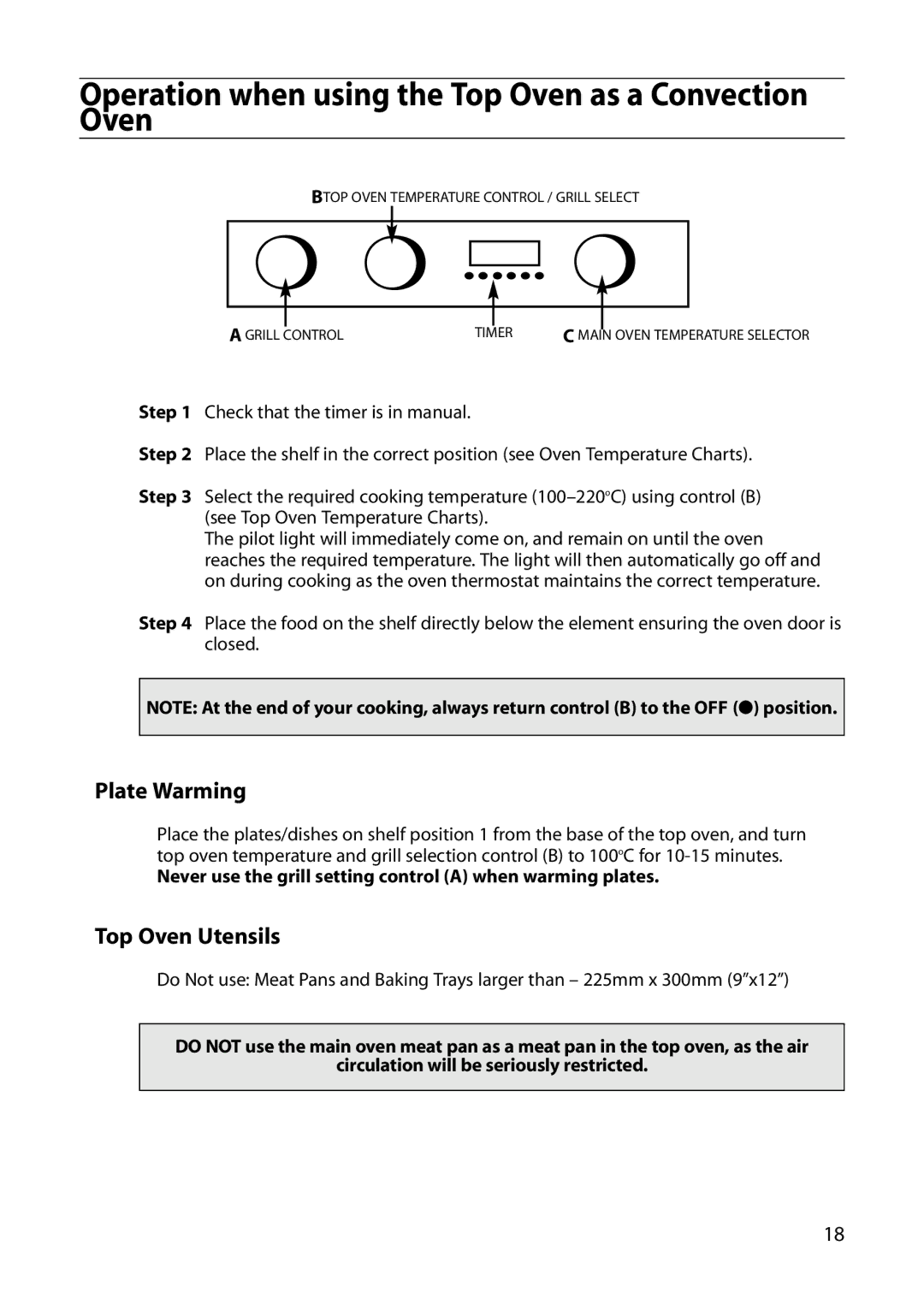 Hotpoint S420E manual Operation when using the Top Oven as a Convection Oven, Plate Warming, Top Oven Utensils 