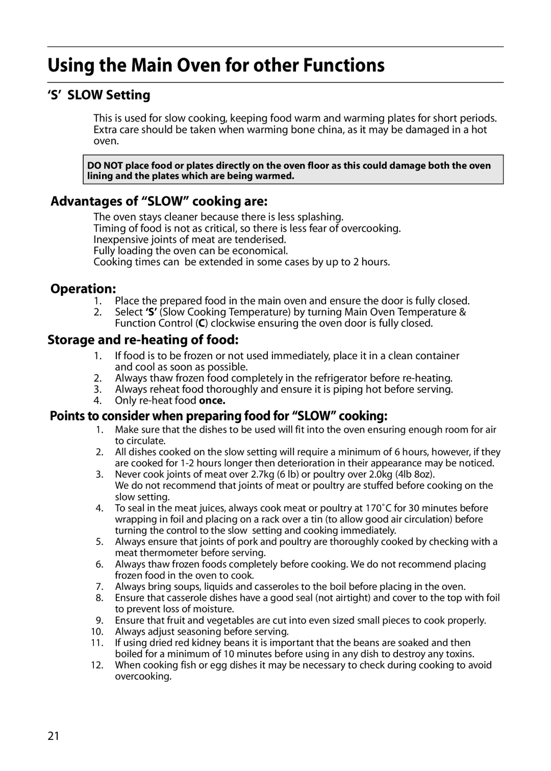 Hotpoint S420E manual ‘S’ Slow Setting, Advantages of Slow cooking are, Operation, Storage and re-heating of food 