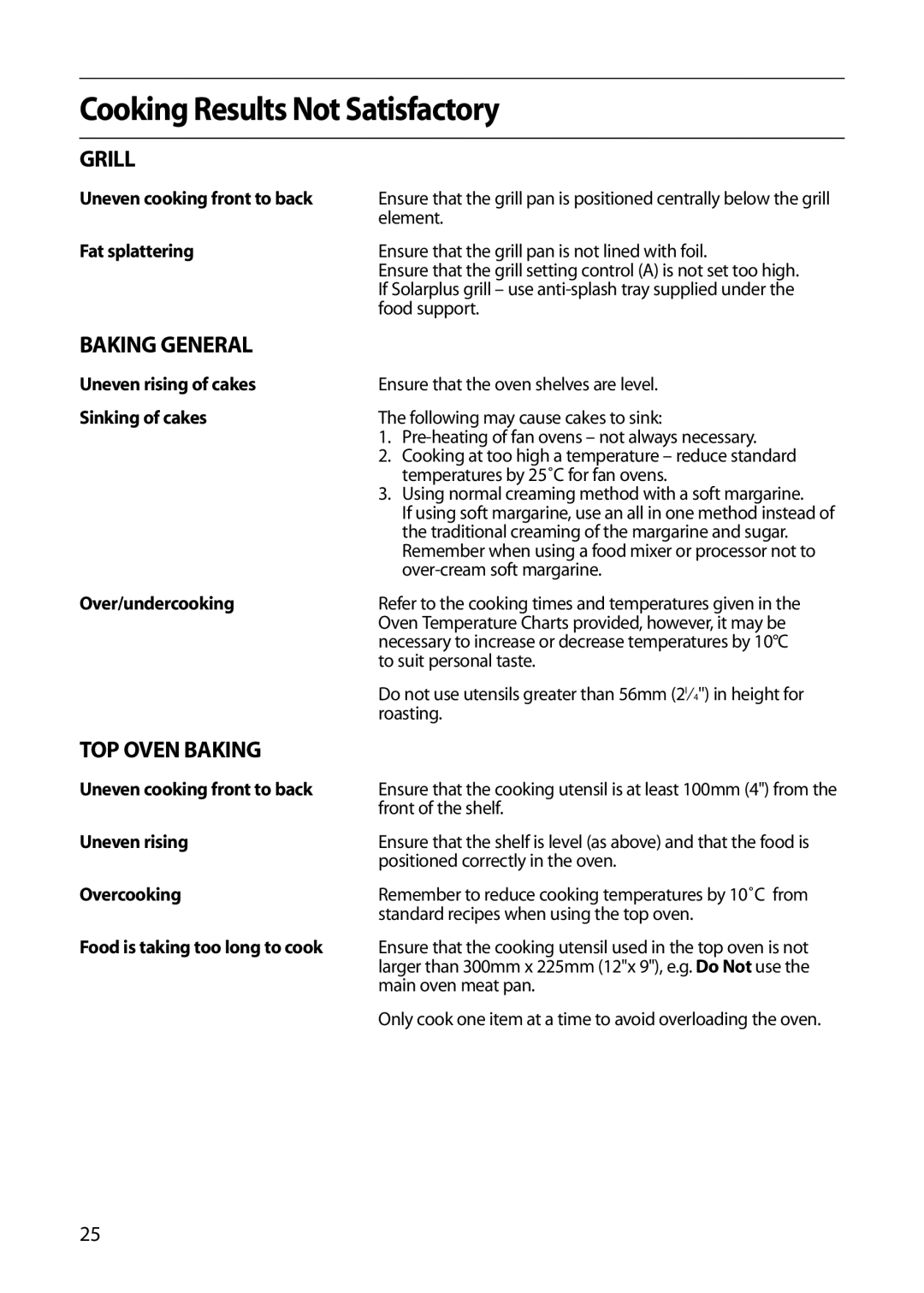 Hotpoint S420E manual Cooking Results Not Satisfactory, Grill, Baking General, TOP Oven Baking 