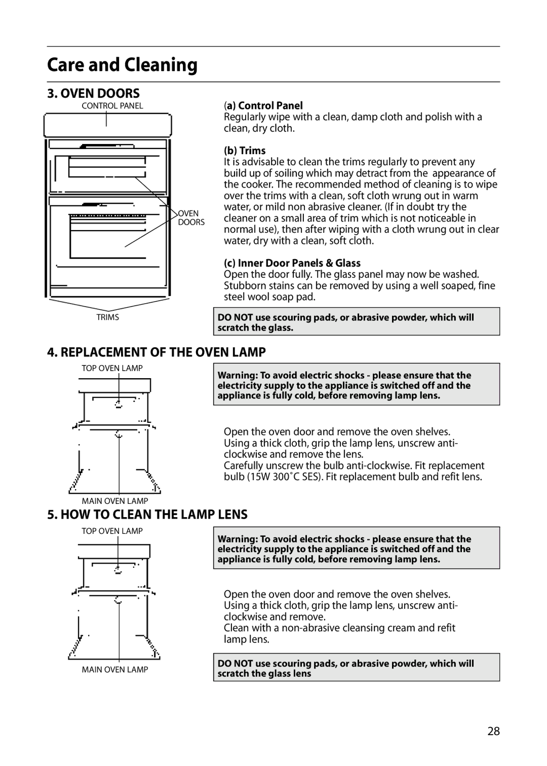 Hotpoint S420E manual Oven Doors, Replacement of the Oven Lamp, HOW to Clean the Lamp Lens 