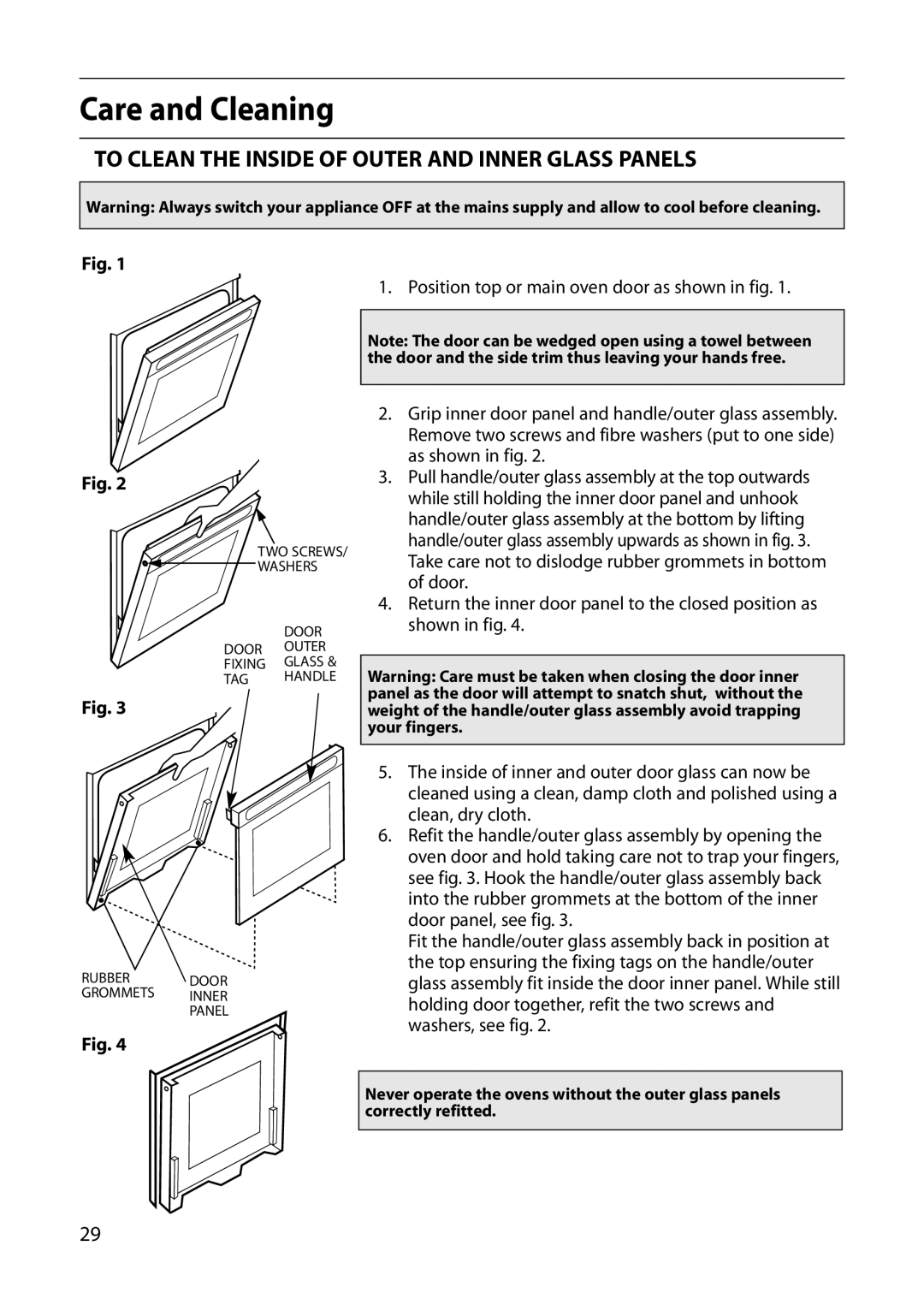 Hotpoint S420E manual To Clean the Inside of Outer and Inner Glass Panels, Clean, dry cloth 