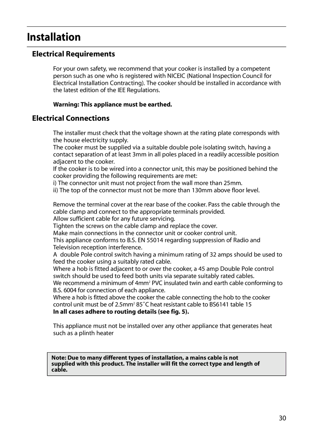 Hotpoint S420E Installation, Electrical Requirements, Electrical Connections, All cases adhere to routing details see fig 