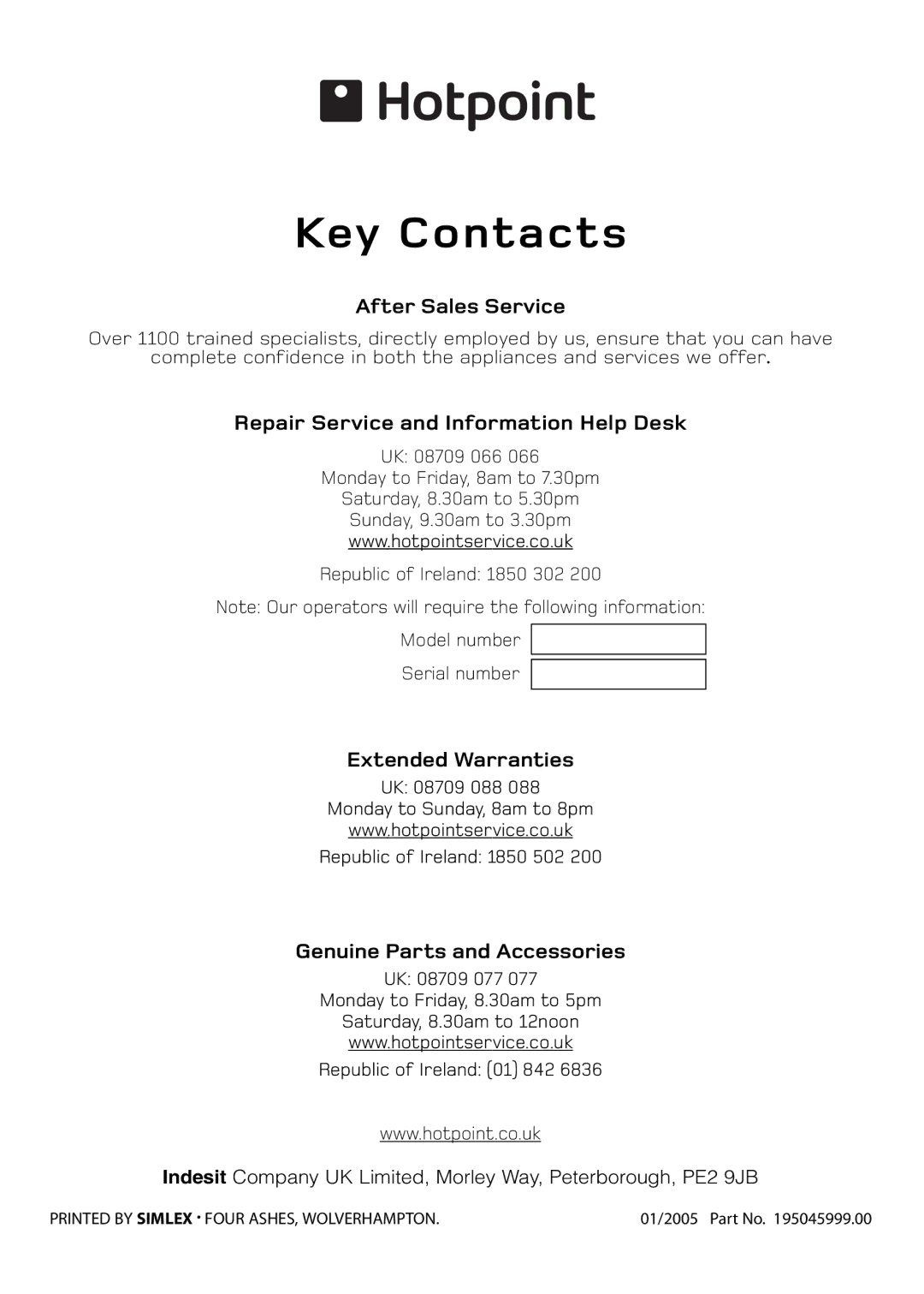 Hotpoint S420E manual Key Contacts 