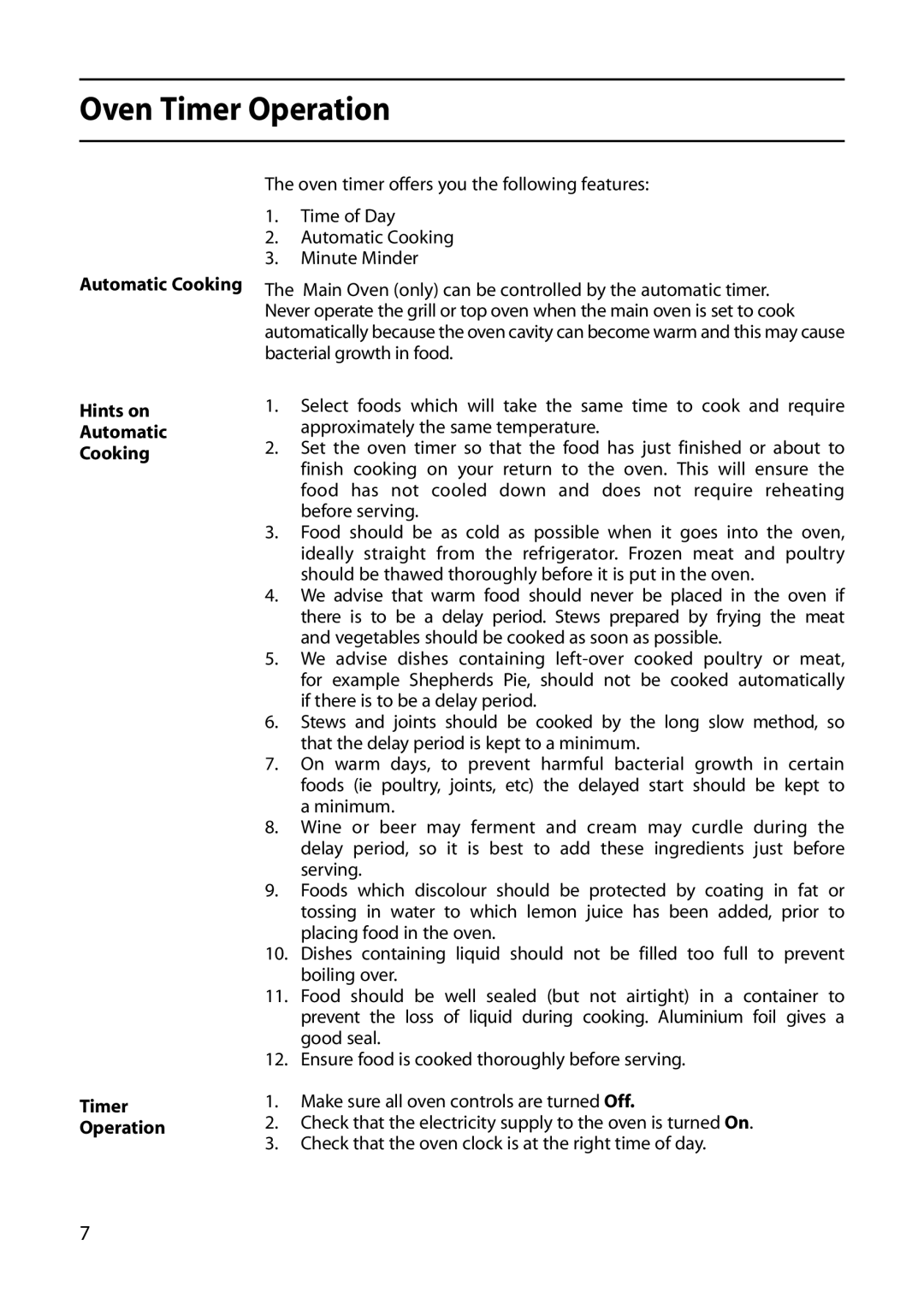 Hotpoint S420E manual Oven Timer Operation, Hints on Automatic Cooking 