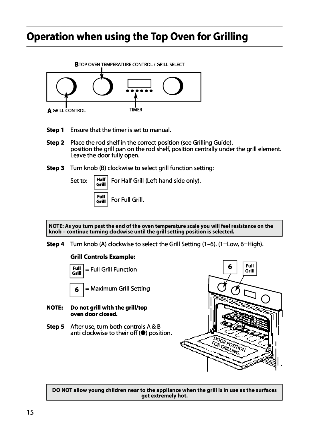 Hotpoint S420E manual Operation when using the Top Oven for Grilling, Grill Controls Example, = Full Grill Function 
