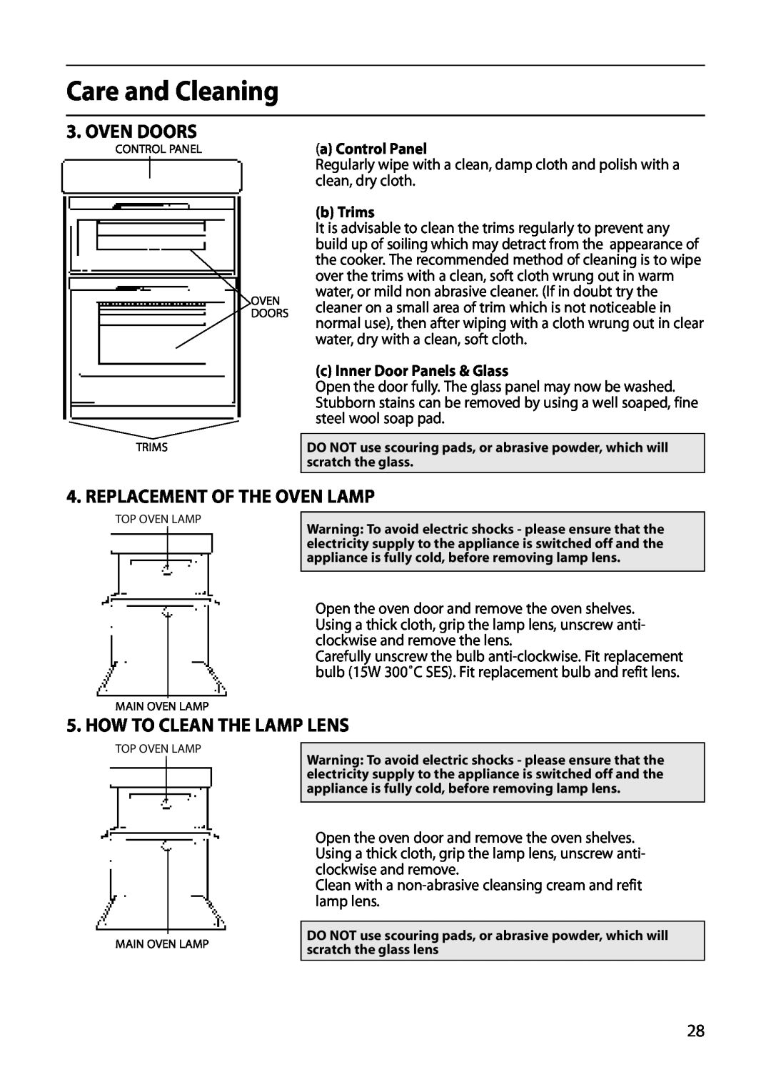 Hotpoint S420E Care and Cleaning, Oven Doors, Replacement Of The Oven Lamp, How To Clean The Lamp Lens, a Control Panel 