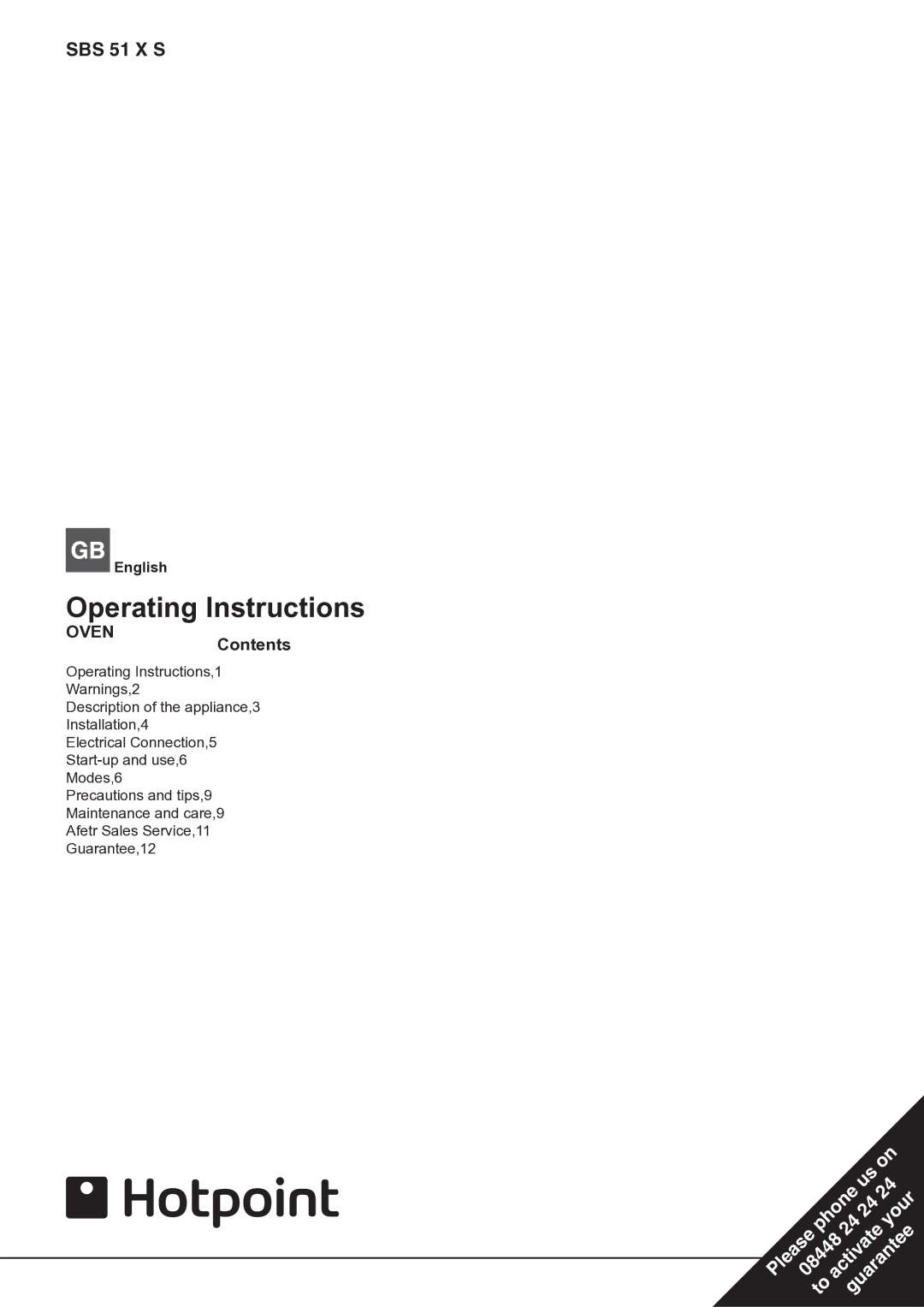 Hotpoint SBS 51 X S operating instructions Operating Instructions, OVENContents 