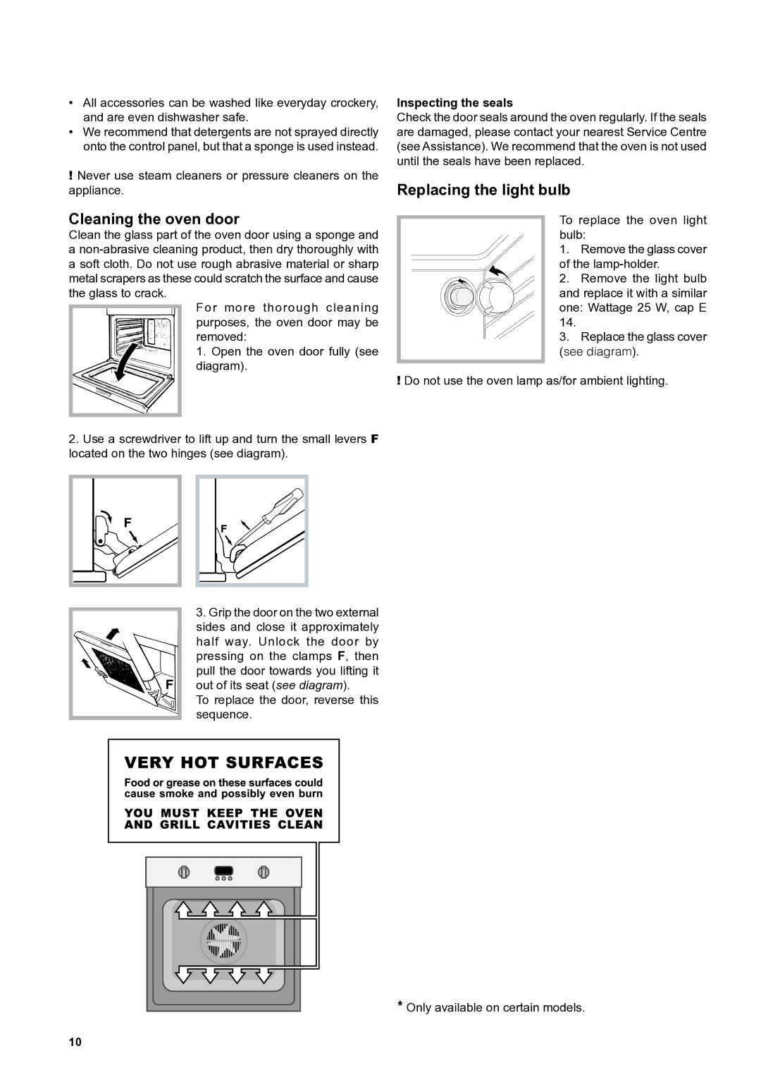 Hotpoint SBS 51 X S operating instructions Cleaning the oven door, Replacing the light bulb, Inspecting the seals 