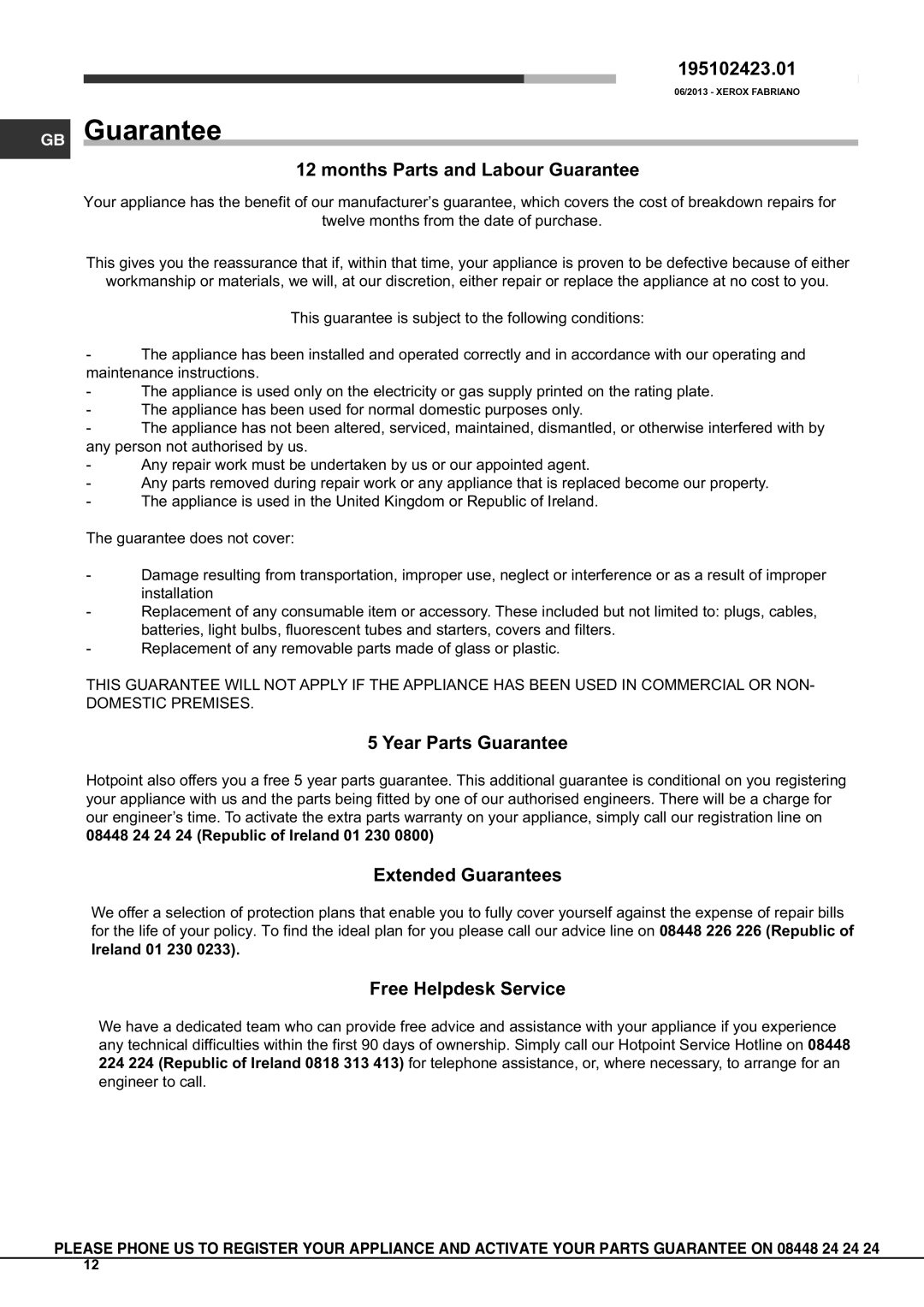 Hotpoint SBS 51 X S operating instructions GB Guarantee 