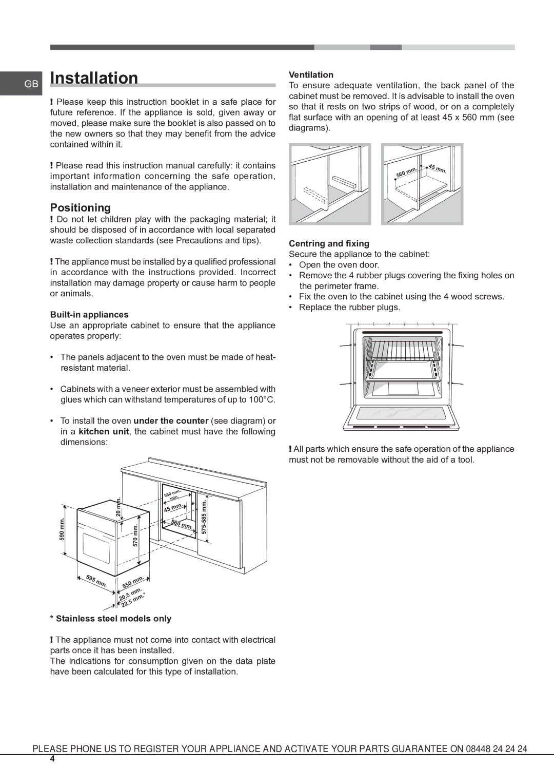 Hotpoint SBS 51 X S operating instructions GB Installation, Positioning 