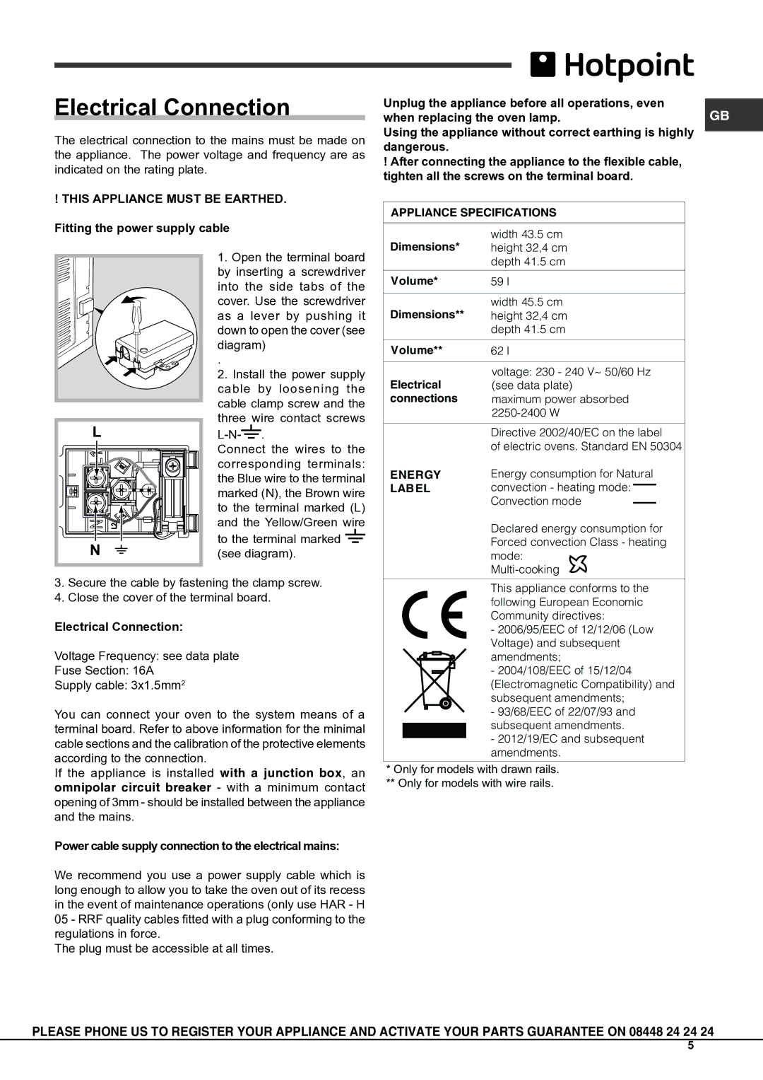 Hotpoint SBS 51 X S operating instructions Electrical Connection 