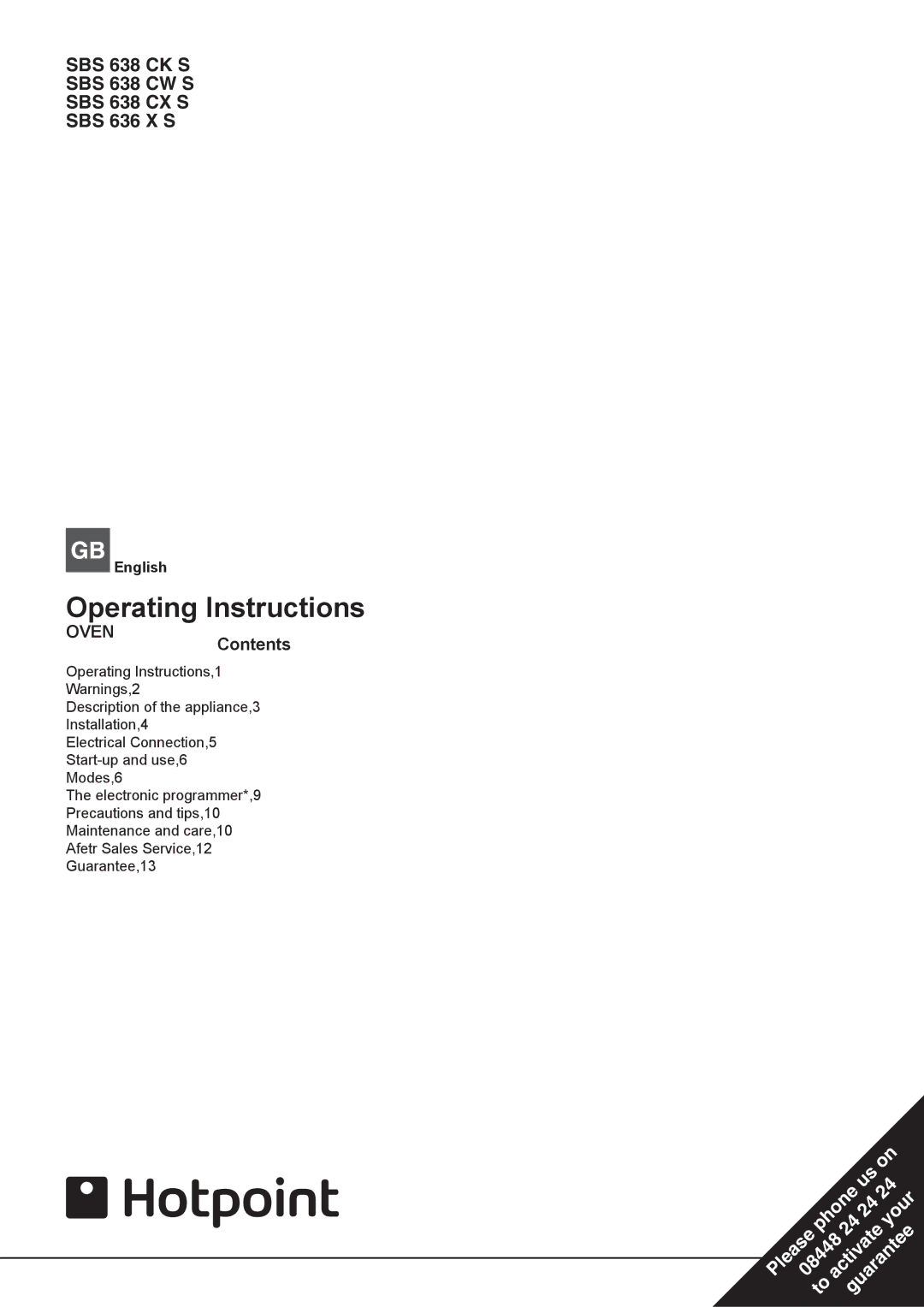 Hotpoint SBS 638 CW S, SBS 638 CX S, SBS 638 CK S, SBS 636 X S manual Operating Instructions, OVENContents 