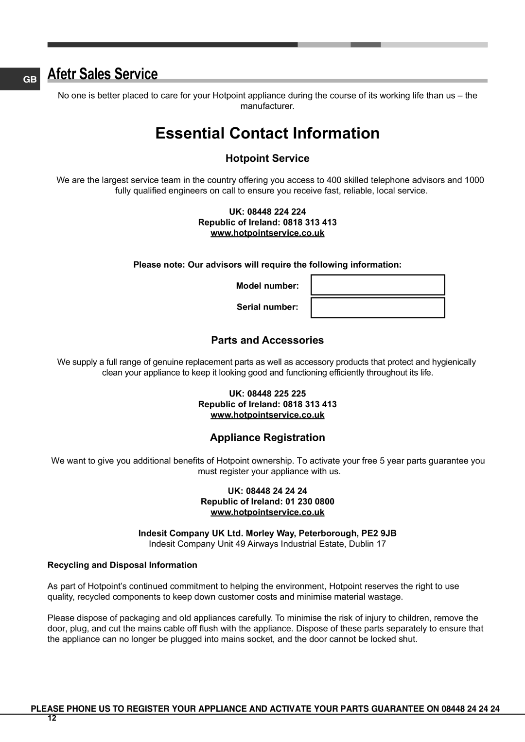 Hotpoint SBS 638 CX S GB Afetr Sales Service, Essential Contact Information, Hotpoint Service, Parts and Accessories 