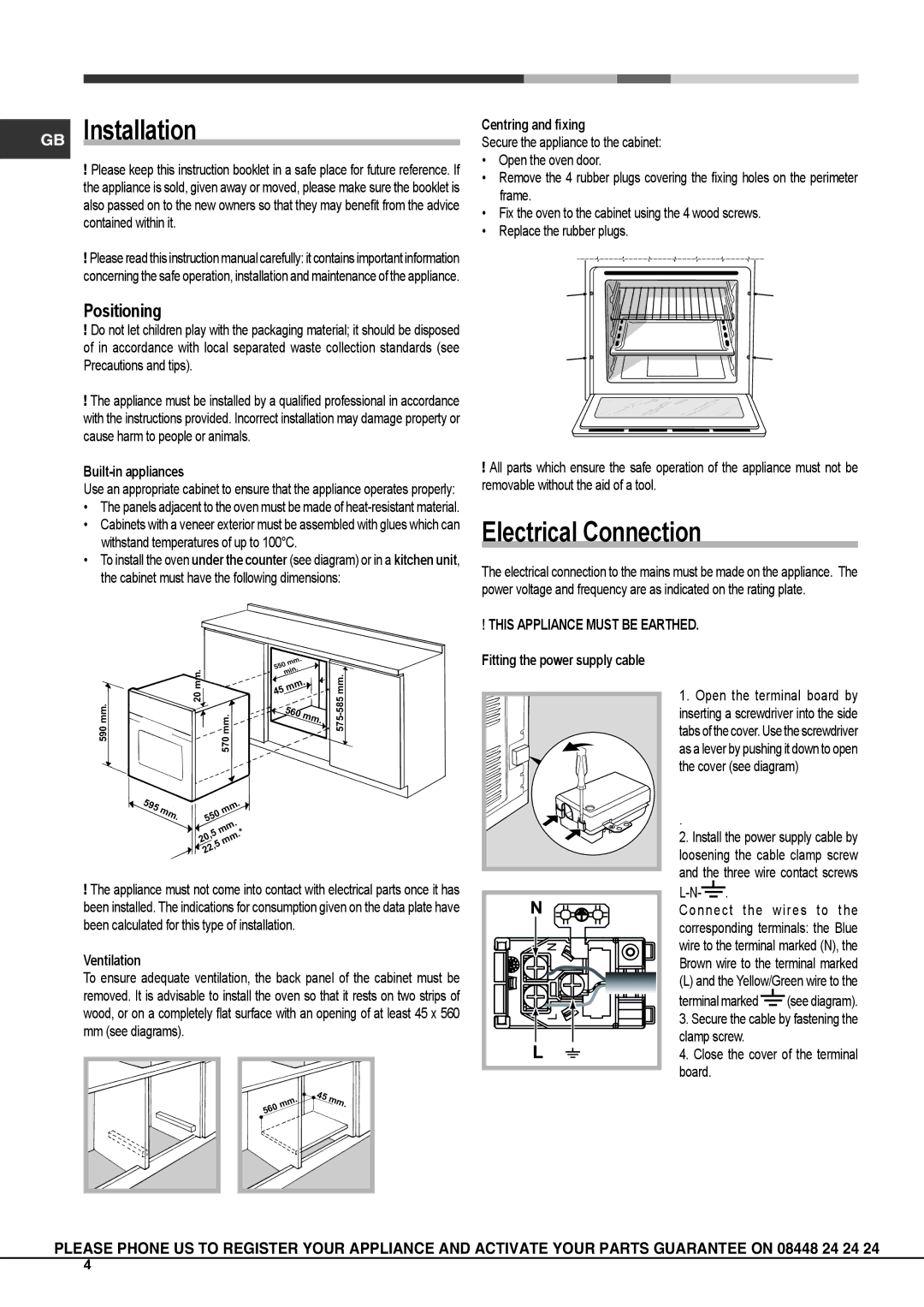 Hotpoint SBS 638 CX S operating instructions GB Installation, Electrical Connection, Positioning 