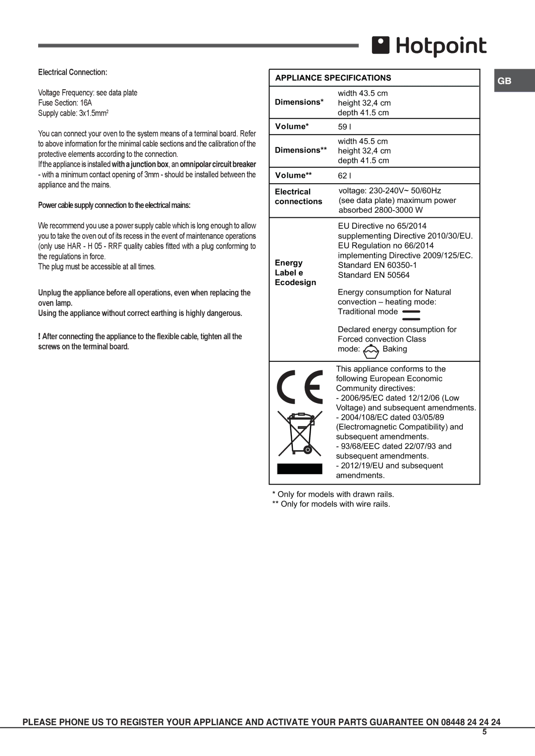 Hotpoint SBS 638 CX S operating instructions Electrical Connection, Powercablesupplyconnectiontotheelectricalmains 