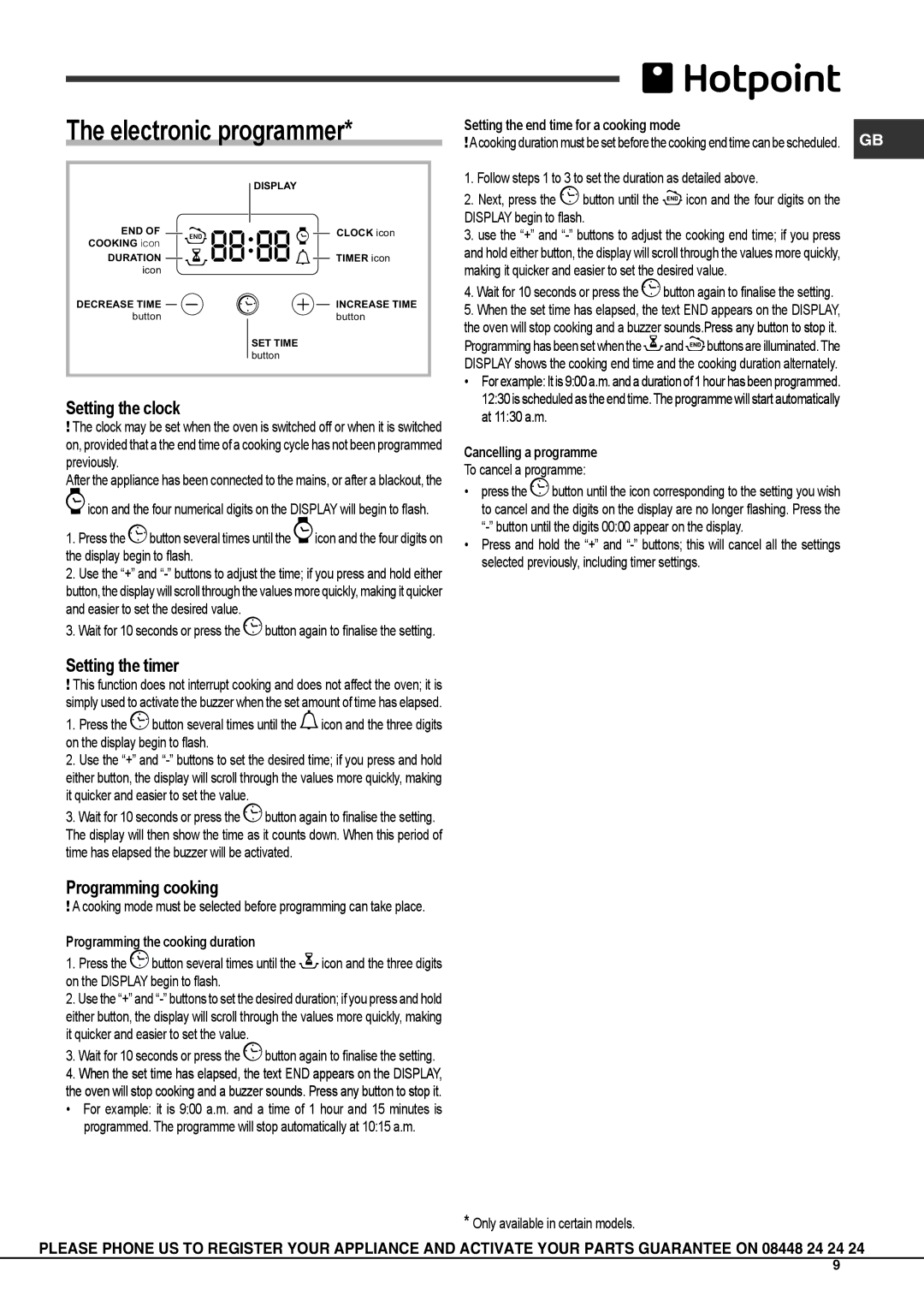 Hotpoint SBS 638 CX S Electronic programmer, Setting the clock, Setting the timer, Programming cooking 