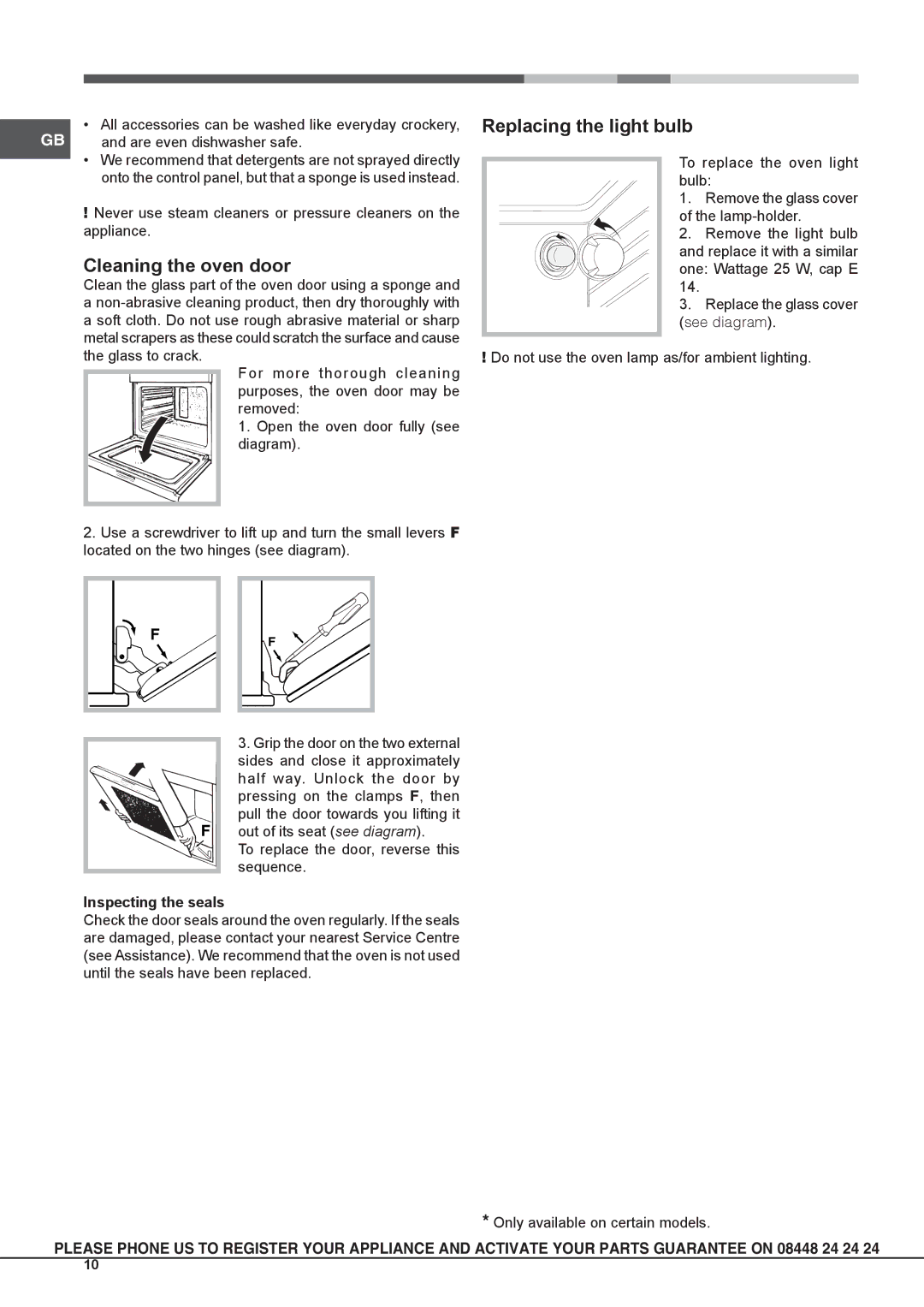 Hotpoint SBS51XS operating instructions Cleaning the oven door, Replacing the light bulb, Inspecting the seals 