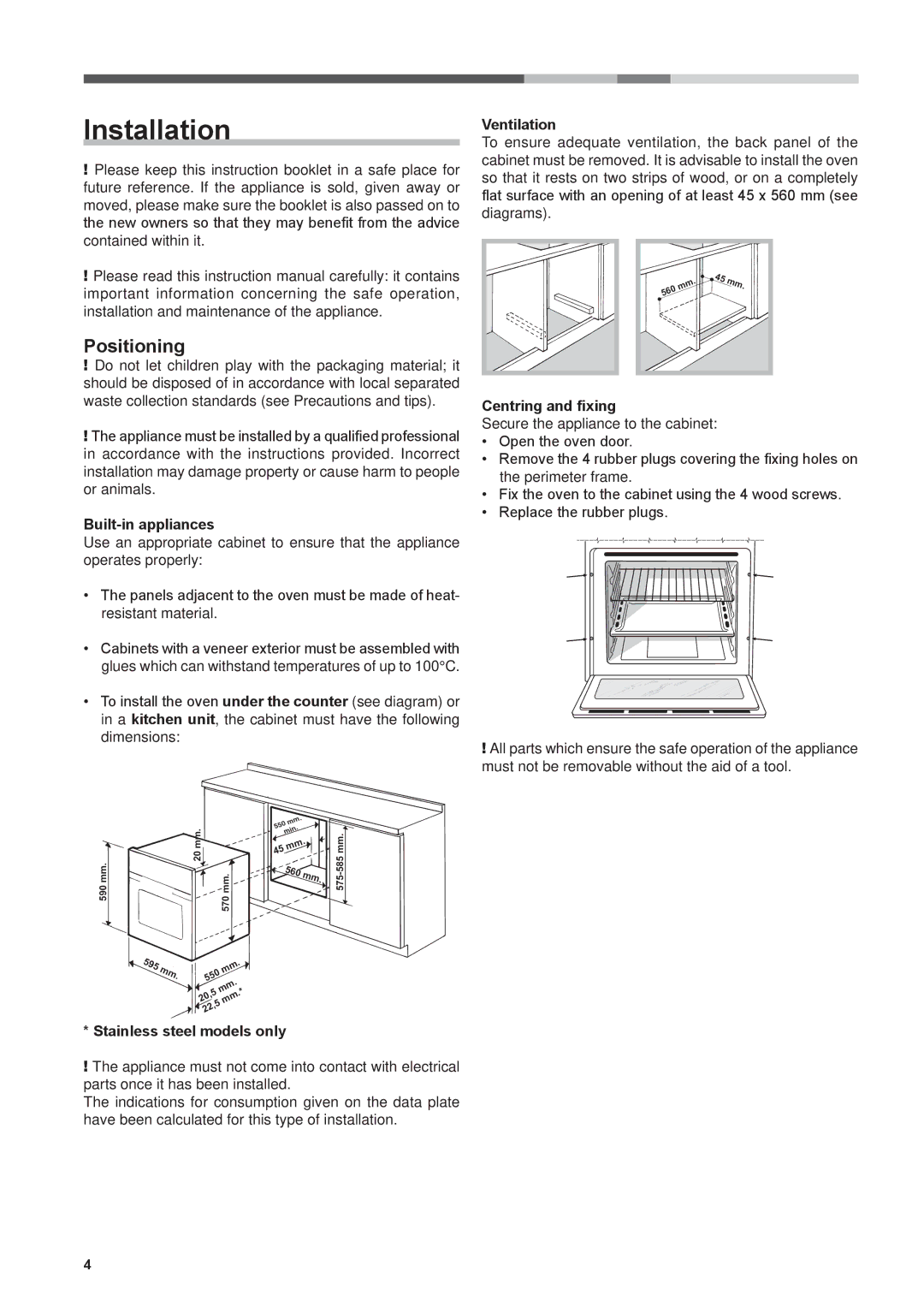 Hotpoint SBS51XS operating instructions GB Installation, Positioning 