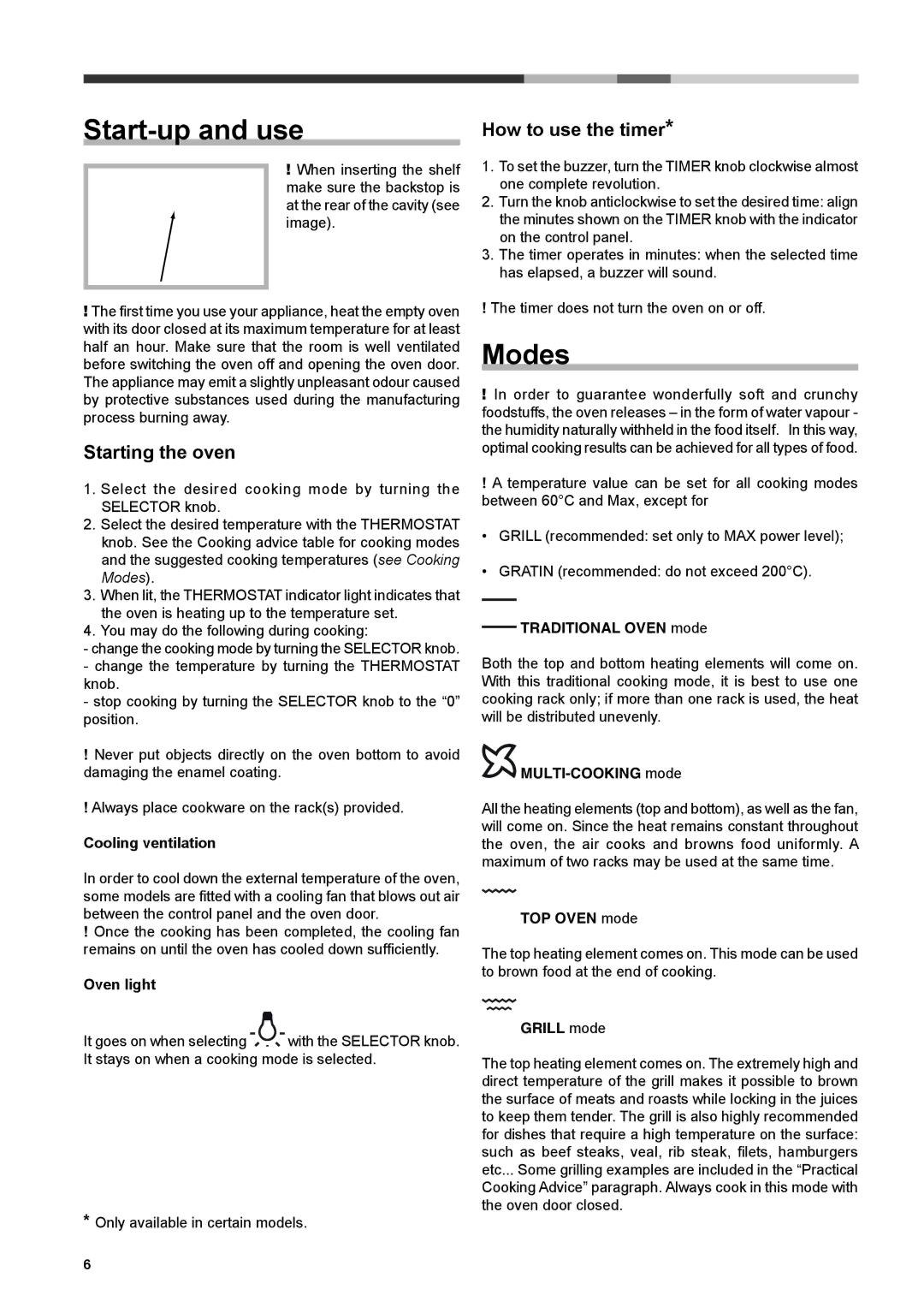 Hotpoint SBS51XS operating instructions GB Start-up and use, Modes, How to use the timer, Starting the oven 