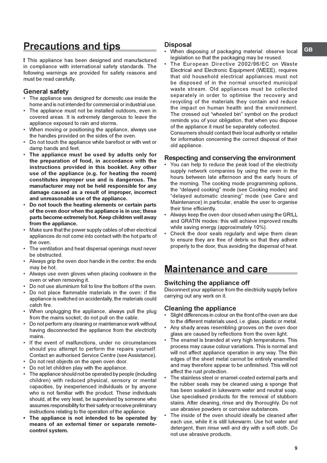 Hotpoint SBS51XS operating instructions Precautions and tips, Maintenance and care 
