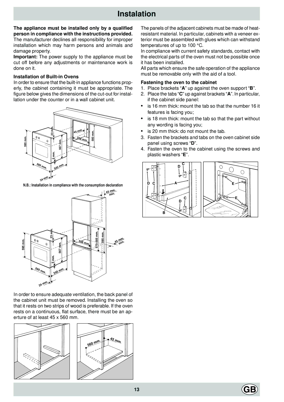 Hotpoint SC 87EX manual Instalation, Installation of Built-in Ovens, Fastening the oven to the cabinet 