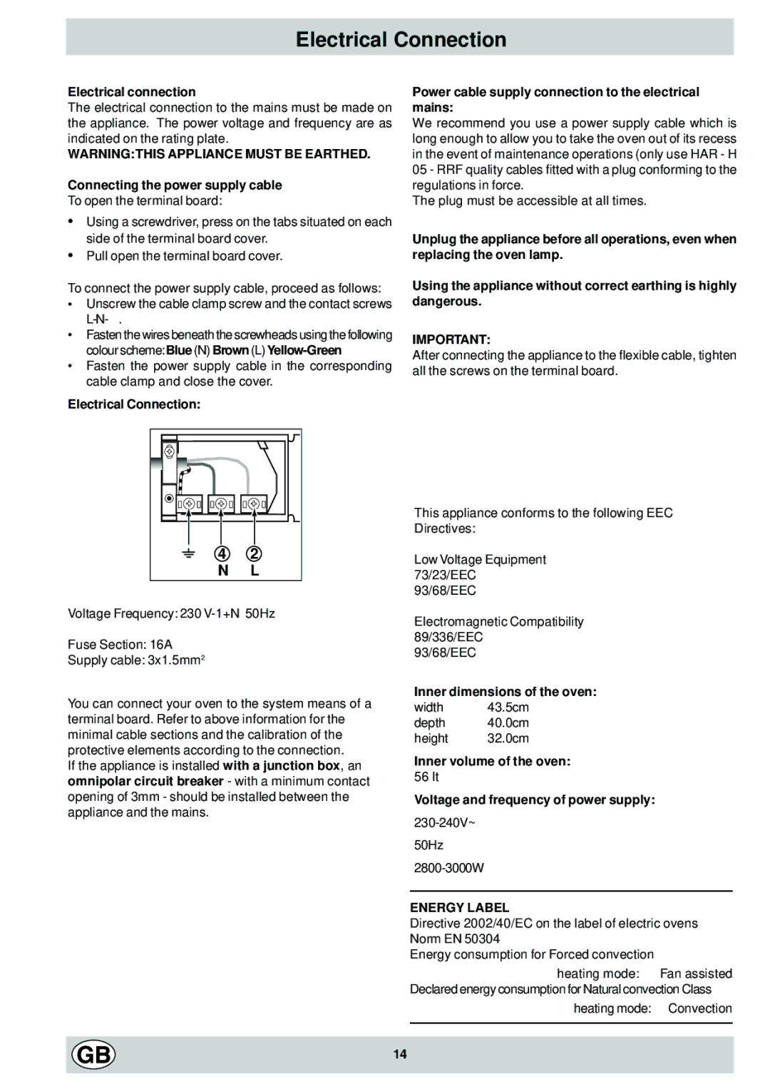 Hotpoint SC 87EX manual Electrical Connection, N L 