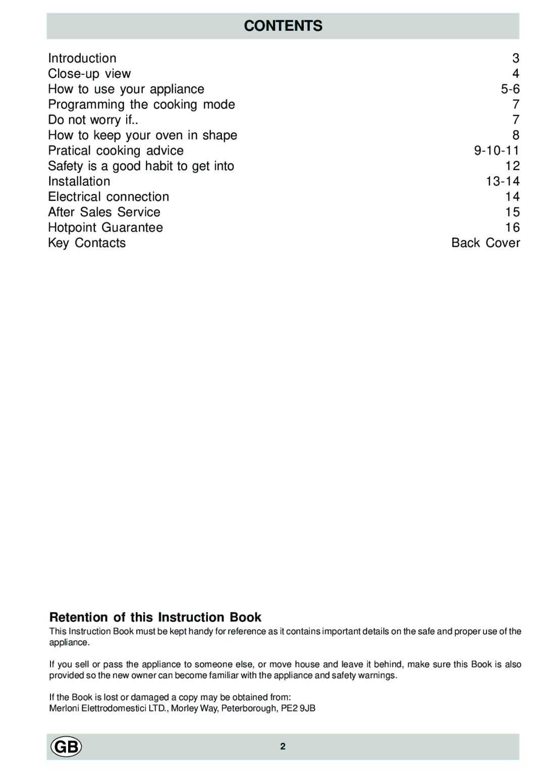 Hotpoint SC 87EX manual Contents 