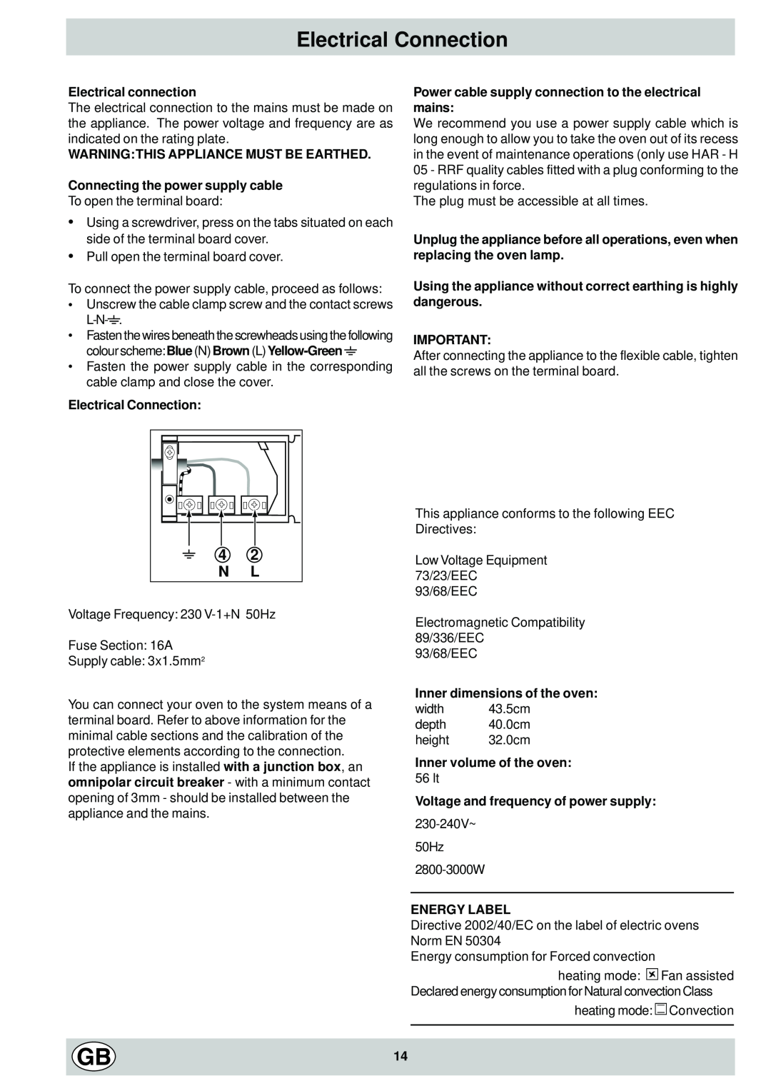 Hotpoint SC 87EX manual Electrical Connection, 4 2 N L 