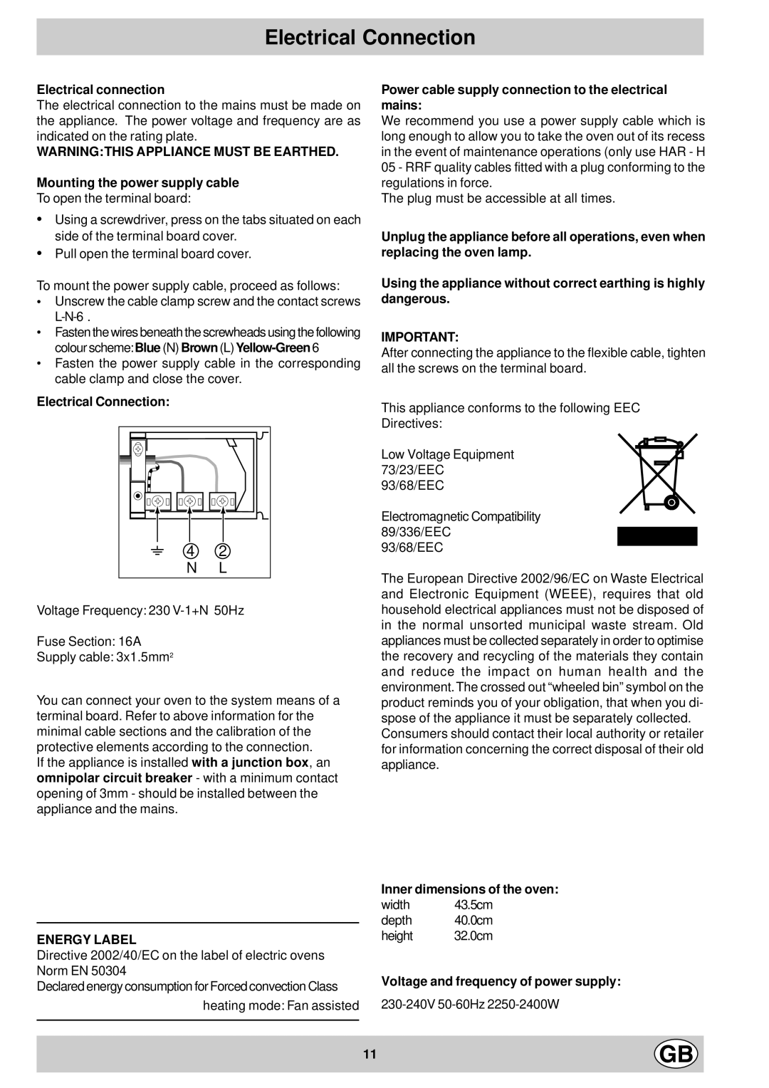 Hotpoint SC36E manual Electrical Connection, N L 