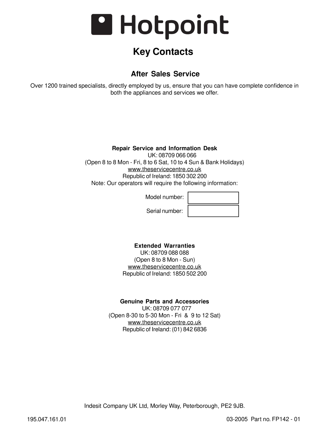 Hotpoint SC36E manual Key Contacts, Repair Service and Information Desk, Genuine Parts and Accessories 