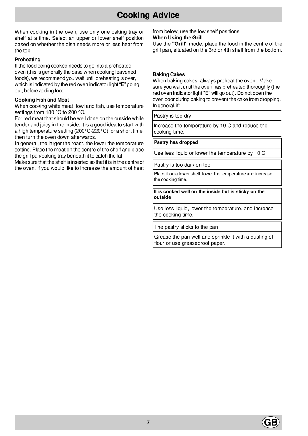 Hotpoint SC36E manual Cooking Advice 