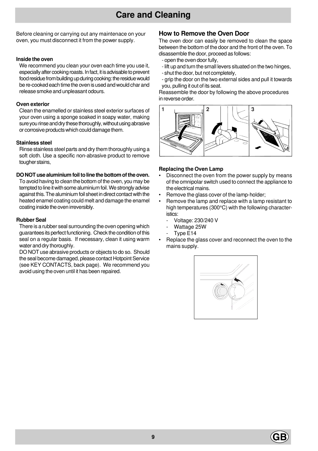 Hotpoint SC36E manual Care and Cleaning 