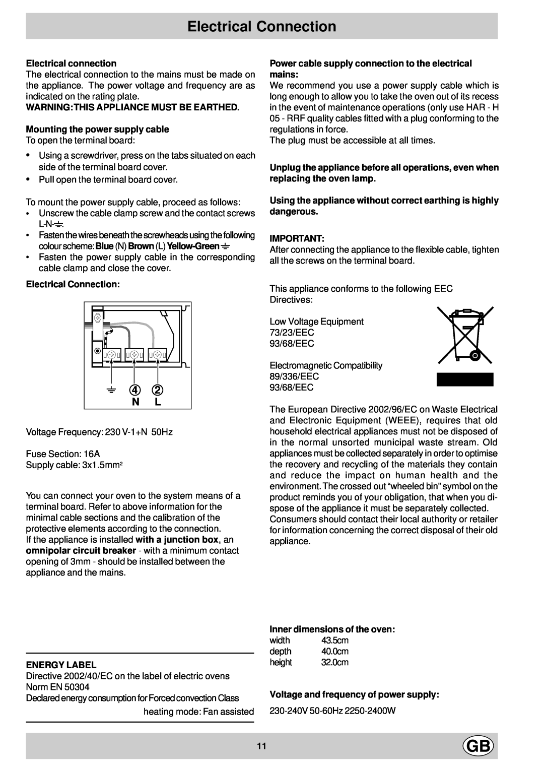Hotpoint SC36E manual Electrical Connection, 4 2 N L, Electrical connection, Energy Label, Inner dimensions of the oven 