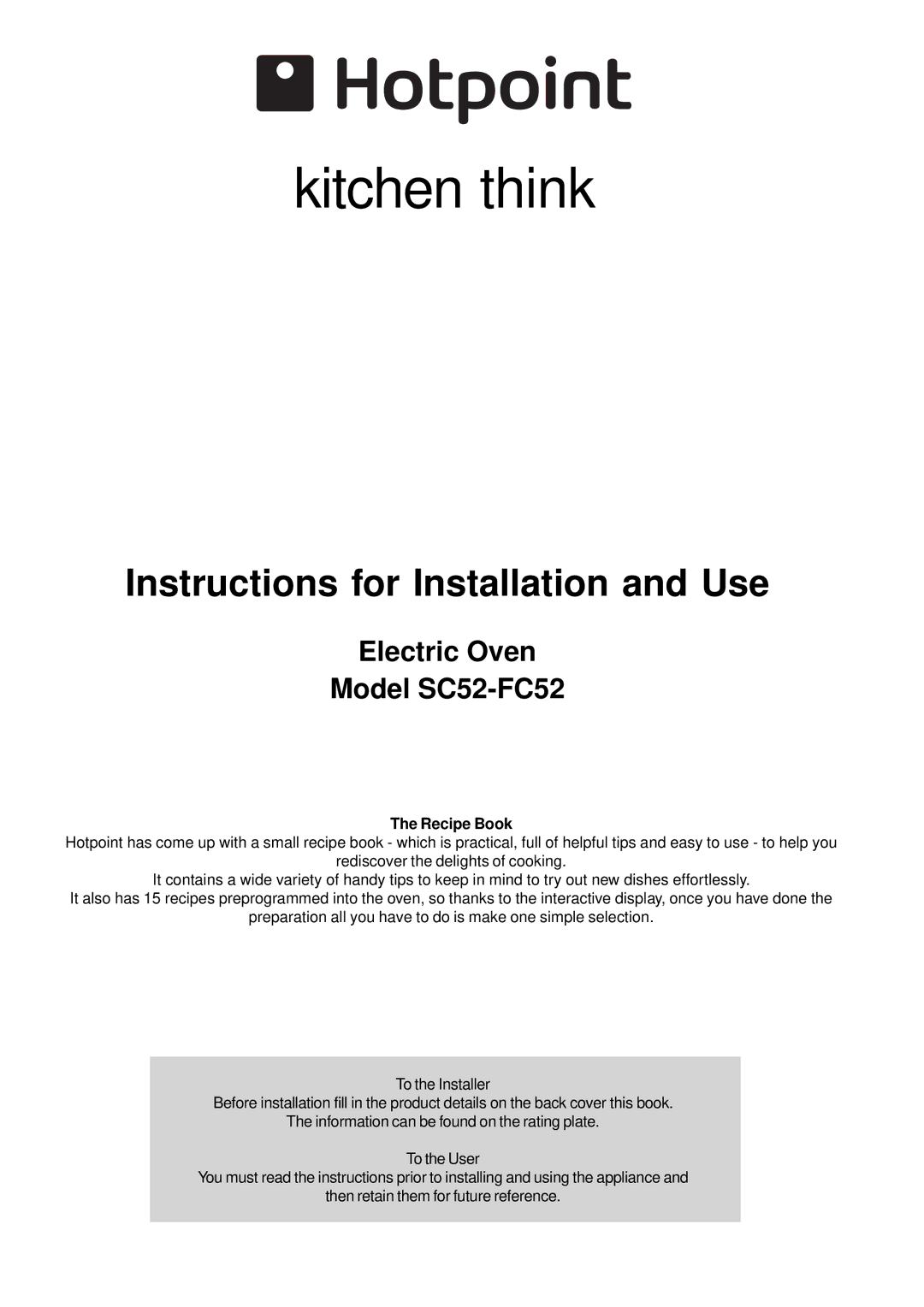 Hotpoint manual Electric Oven Model SC52-FC52, Recipe Book 