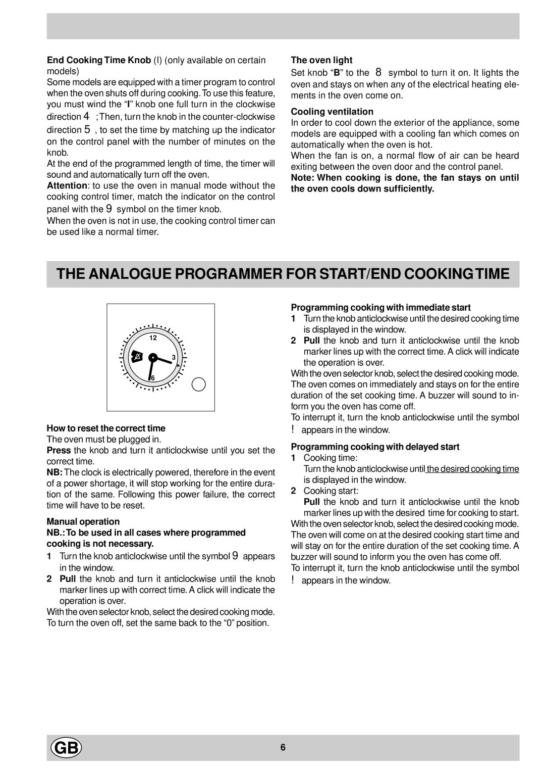 Hotpoint SC52-FC52 Oven light, Cooling ventilation, How to reset the correct time, Programming cooking with delayed start 