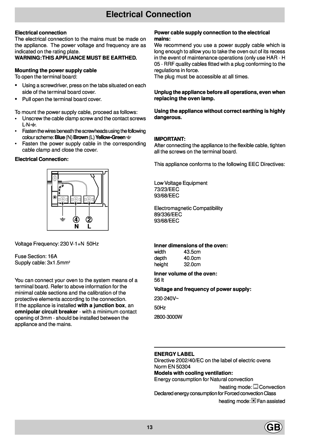 Hotpoint SC52-FC52 manual Electrical Connection, 4 2 N L 