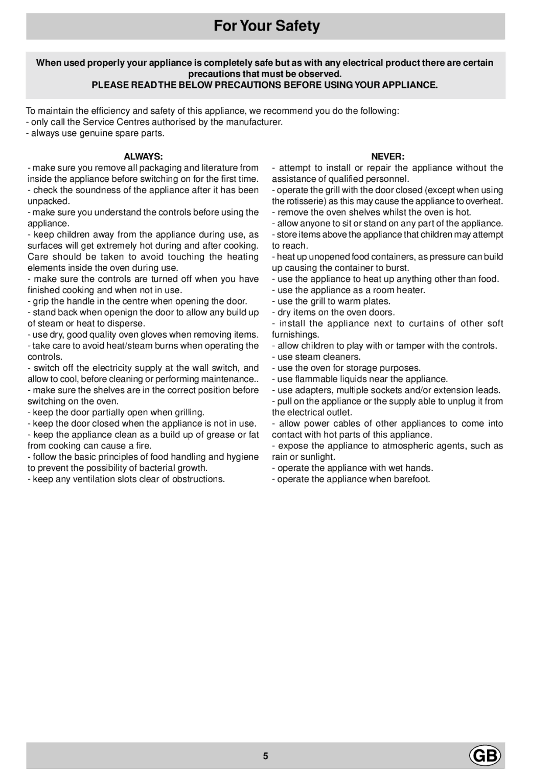 Hotpoint SC77E manual For Your Safety, Always 