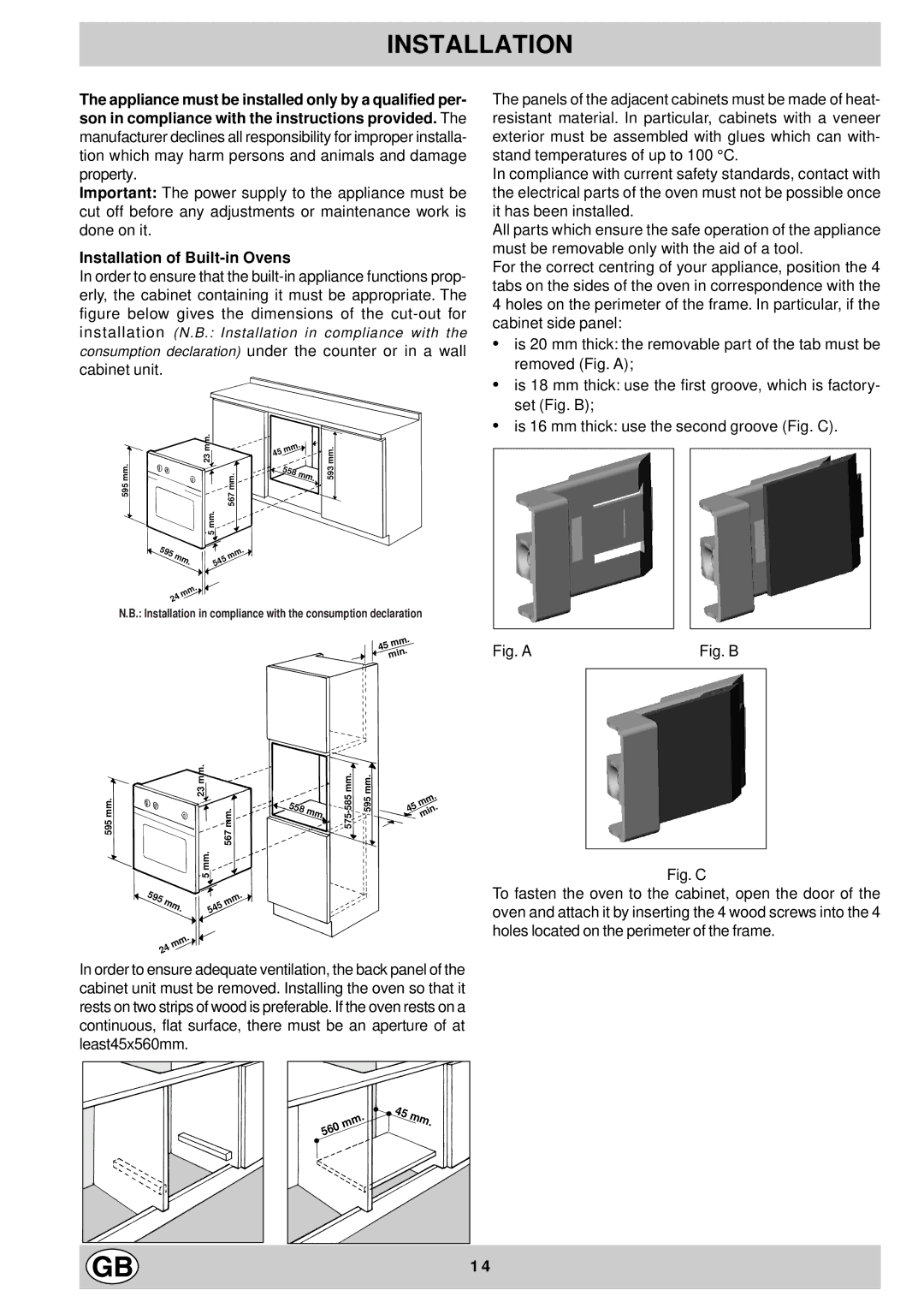 Hotpoint SC88X manual Installation of Built-in Ovens 