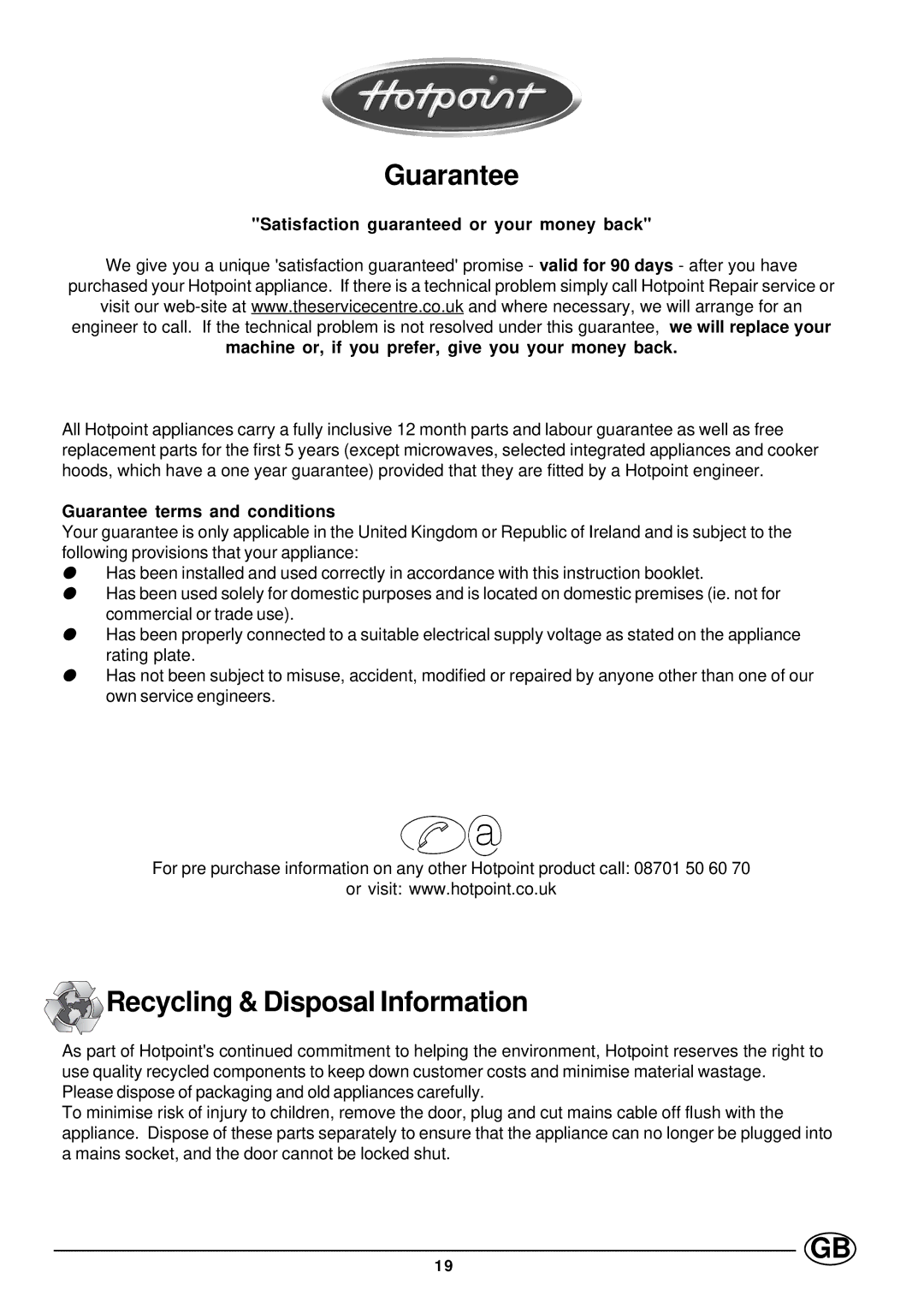 Hotpoint SC88X manual Guarantee, Recycling & Disposal Information 