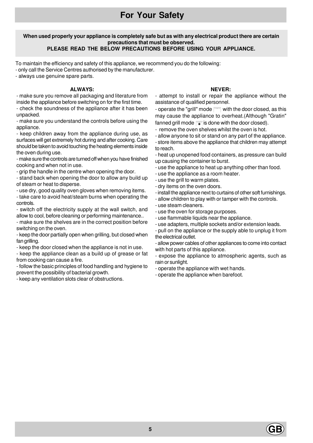 Hotpoint SC88X manual For Your Safety, Always 