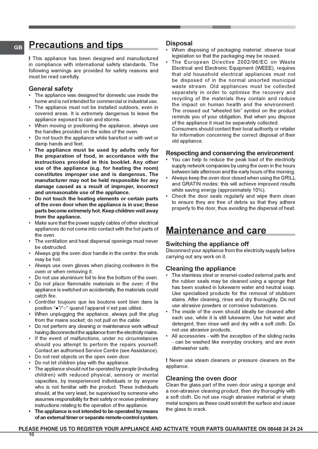 Hotpoint SCL 08 EB operating instructions GB Precautions and tips, Maintenance and care 