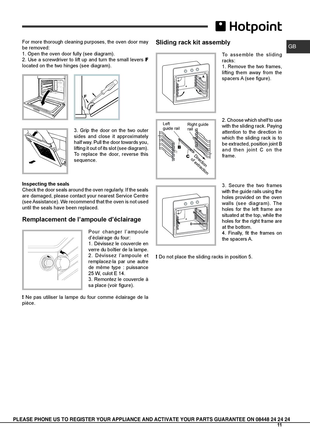 Hotpoint SCL 08 EB operating instructions Remplacement de l’ampoule d’éclairage, Inspecting the seals 