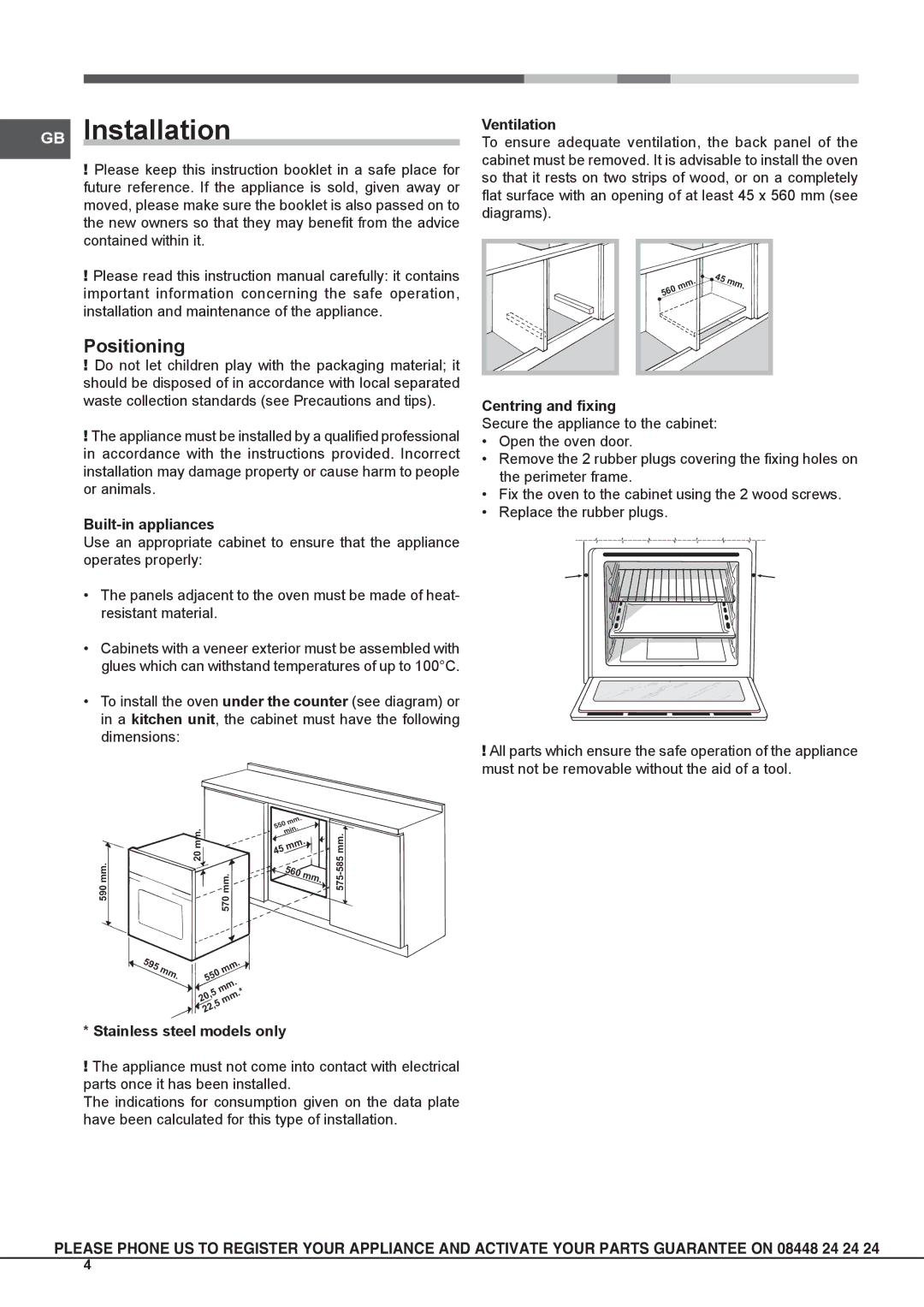 Hotpoint SCL 08 EB operating instructions GB Installation, Positioning 