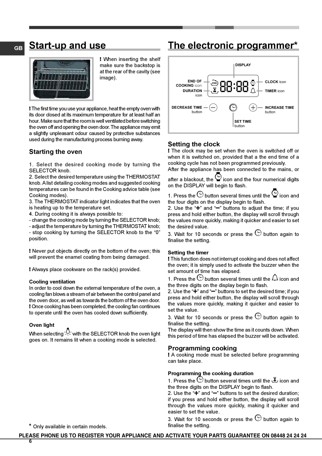 Hotpoint SCL 08 EB GB Start-up and use, Electronic programmer, Starting the oven, Setting the clock, Programming cooking 